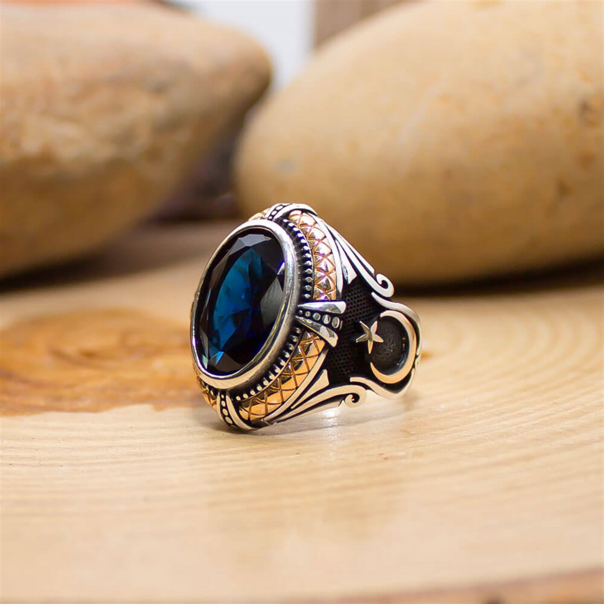 Blue Zircon Stone Embroidered Ayyıldız Sterling Silver Men's Ring