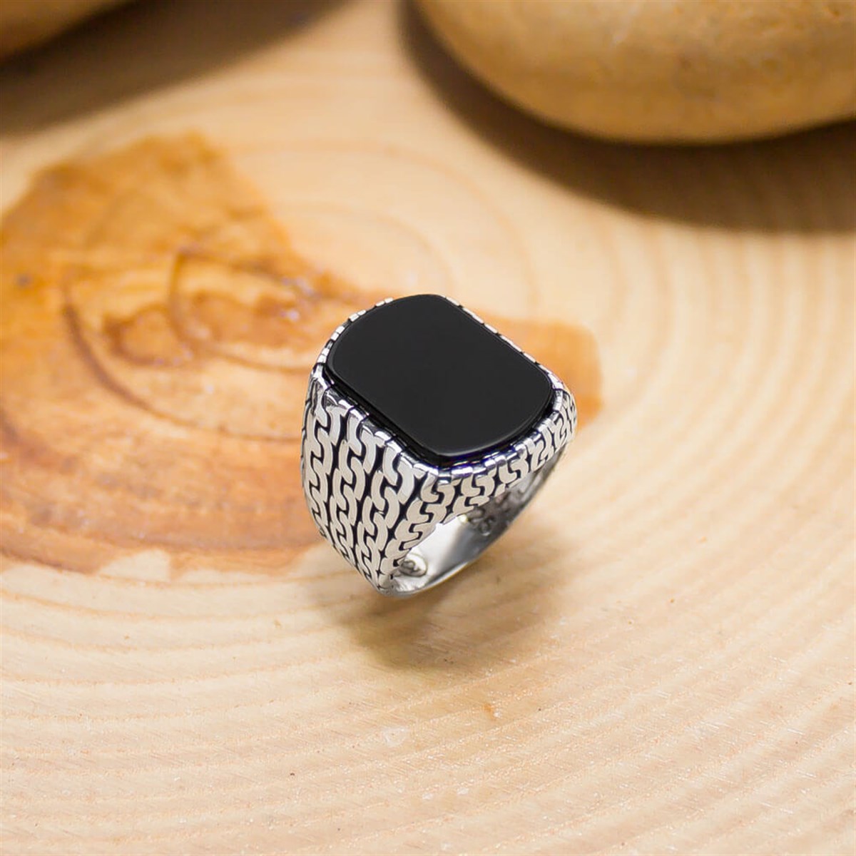 Black Onix Stone Side Embroidered Sterling Silver Men's Ring