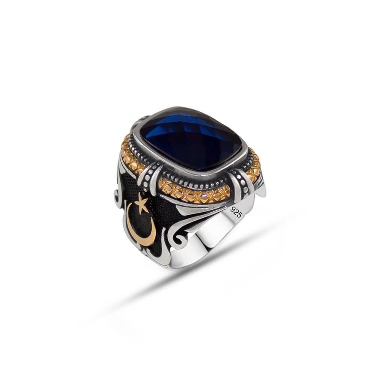 Navy Blue Facet Stone Oxide Tugra Sterling Silver Men's Ring