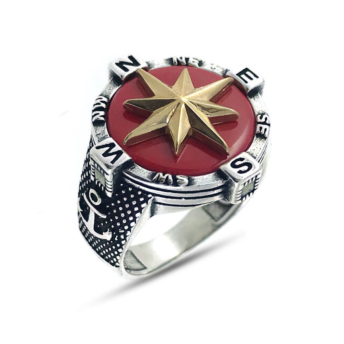 Red Stone Sterling Silver Compass Men's Ring