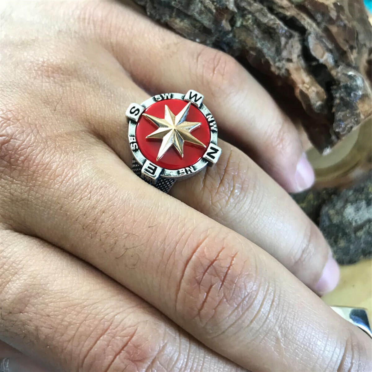 Red Stone Sterling Silver Compass Men's Ring