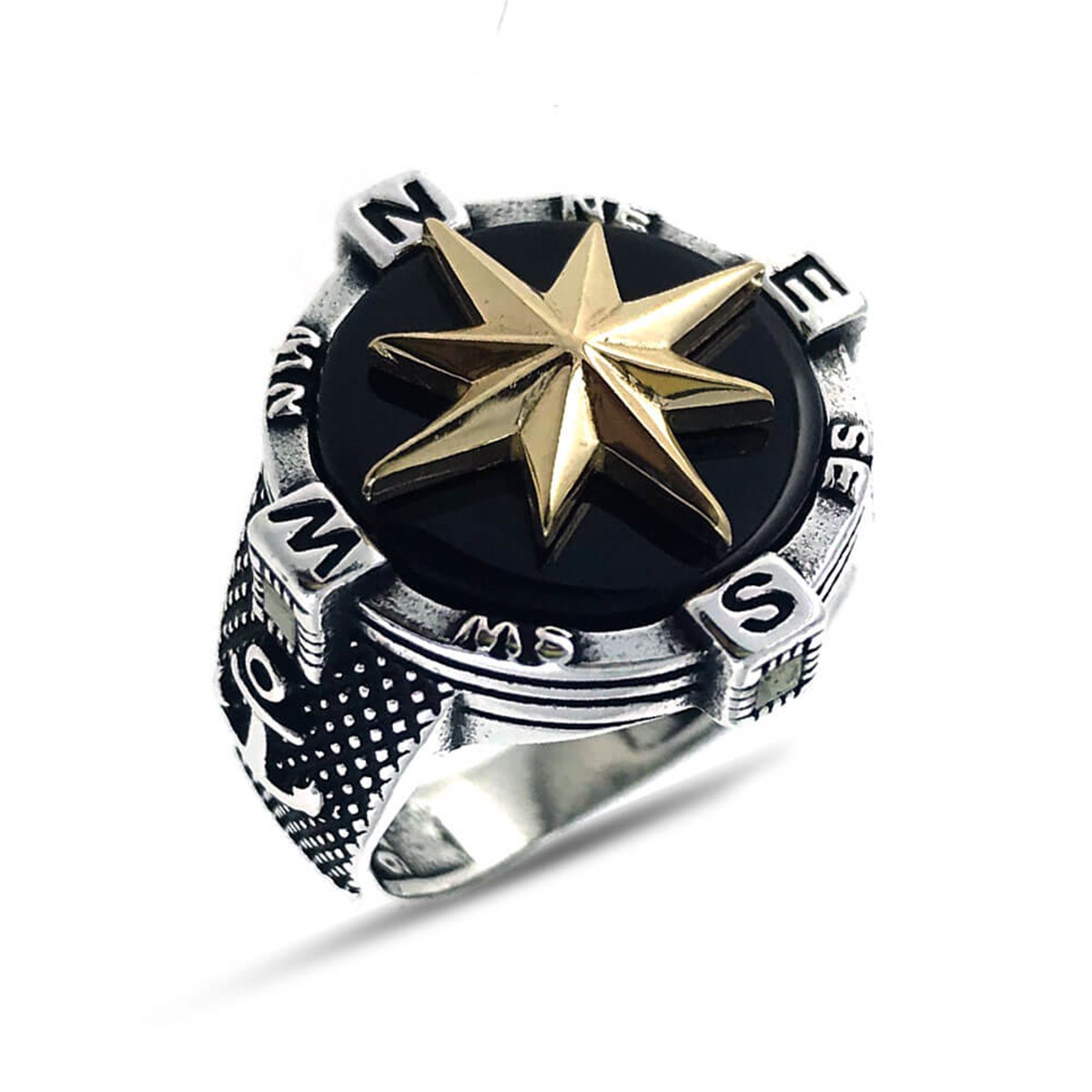Black Stone Compass Silver Men's Ring