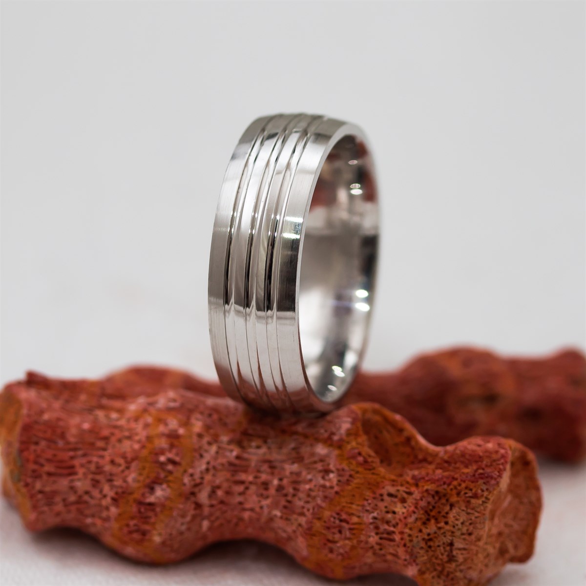 Rhodium Stripe Patterned Unisex Silver Wedding Ring