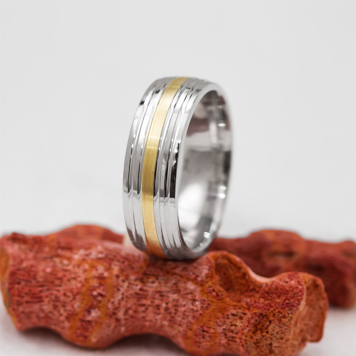 Rhodiumed Middle Gold Color Unisex Sterling Silver Wedding Ring
