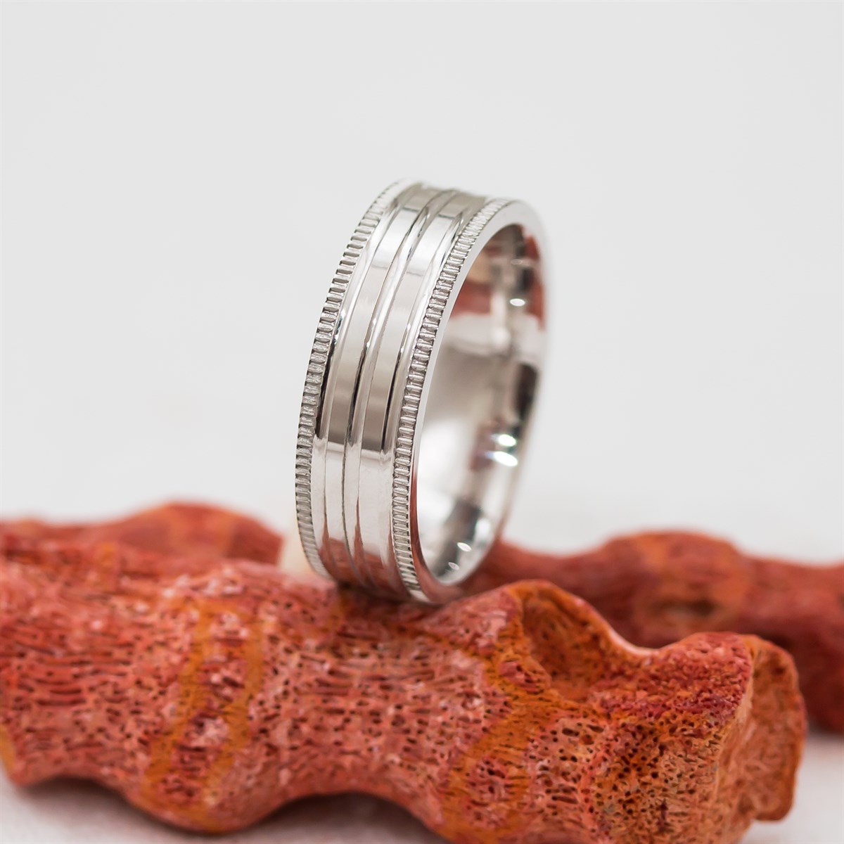 Rhodiumed Unisex Silver Wedding Ring with Serrated Edges