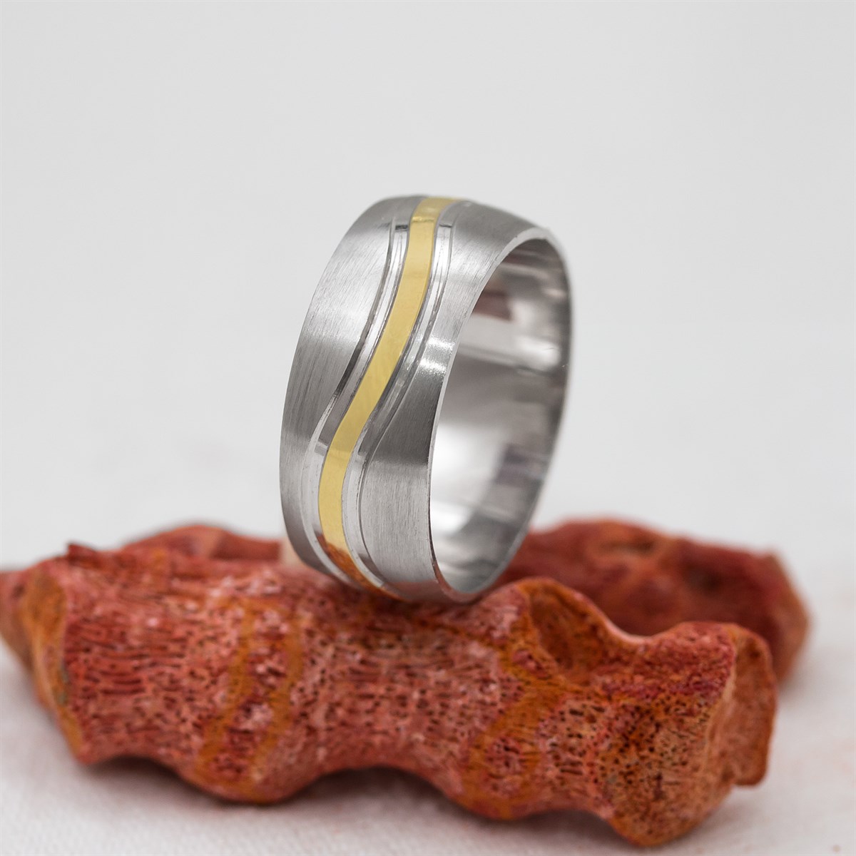 Waterway Patterned Gold Color Unisex Sterling Silver Wedding Ring