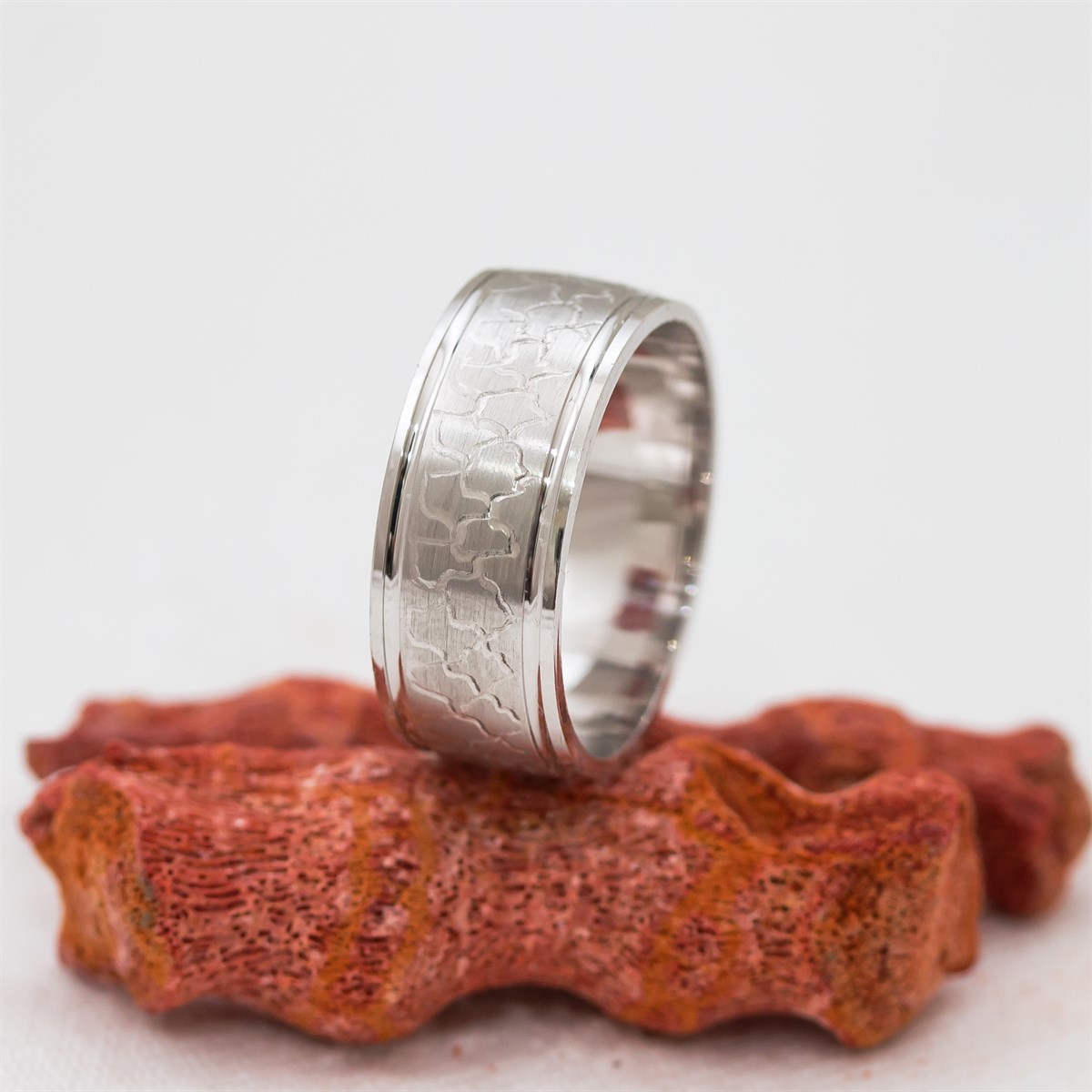 Bark Patterned Rhodium Unisex Sterling Silver Wedding Ring