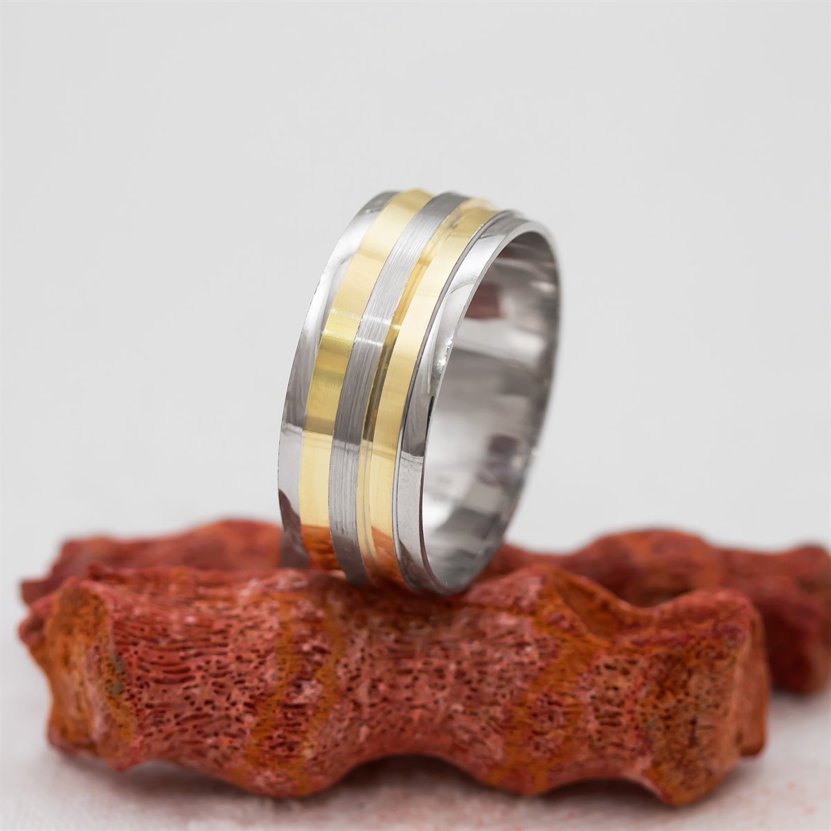 Unisex Silver Wedding Ring With Gold Color Stripe