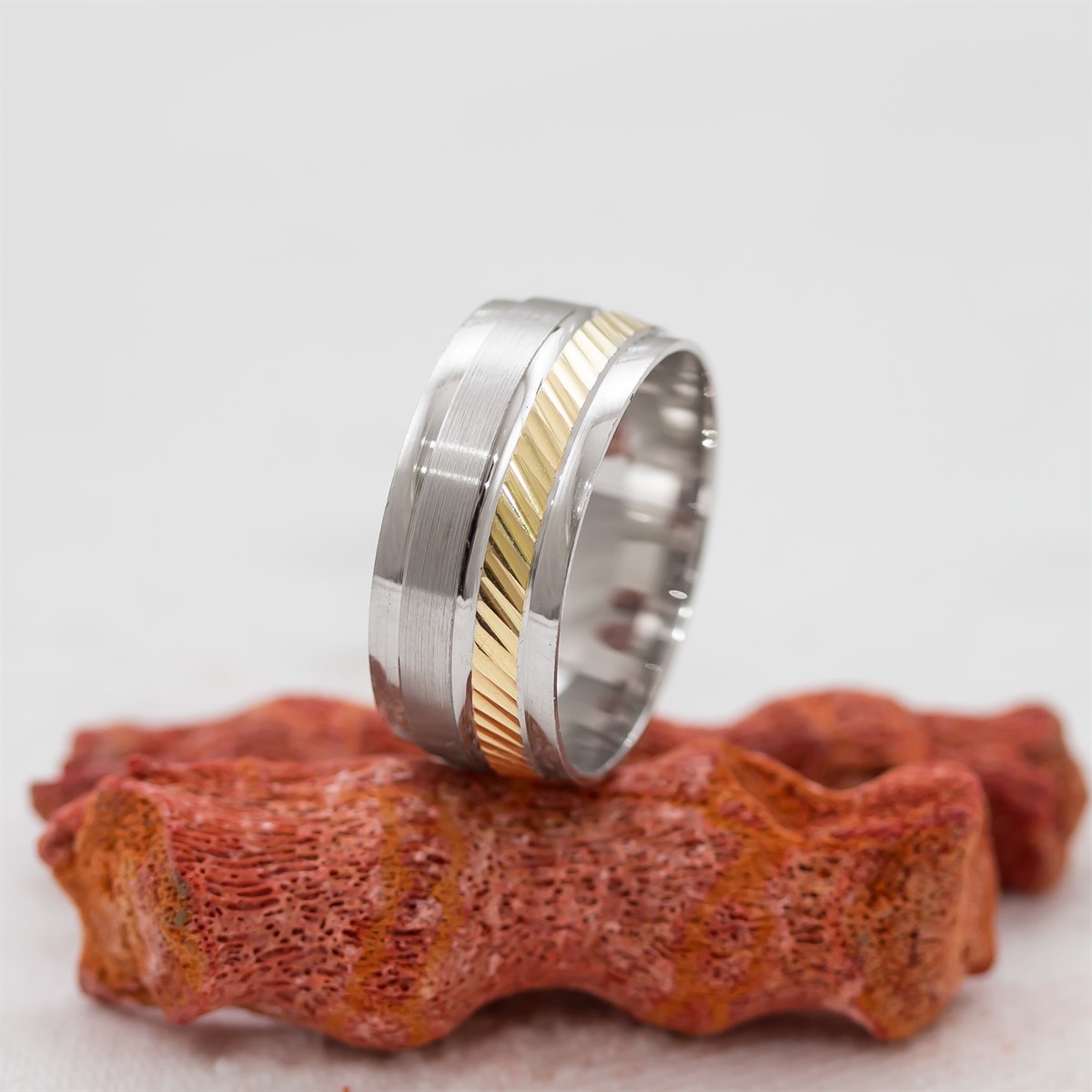 Brose Patterned Gold Color Transition Unisex Silver Wedding Ring