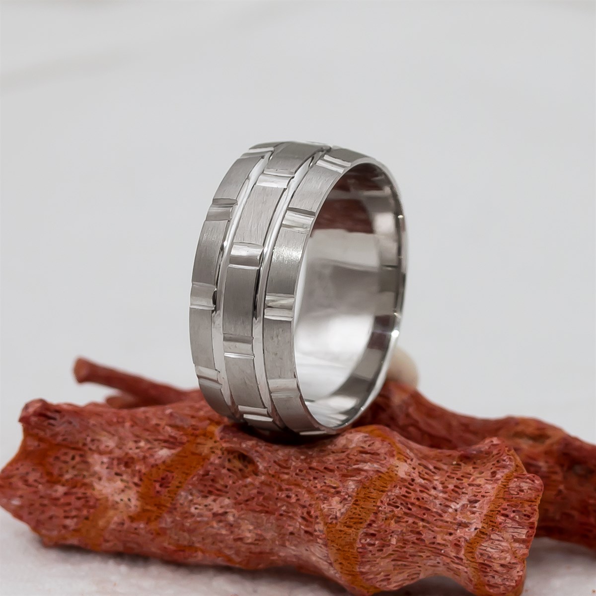 Rhodium Rectangle Patterned Unisex Silver Wedding Ring
