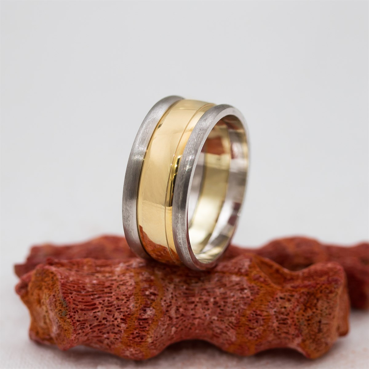 Unisex Sterling Silver Wedding Ring with Gold Broce in the Middle