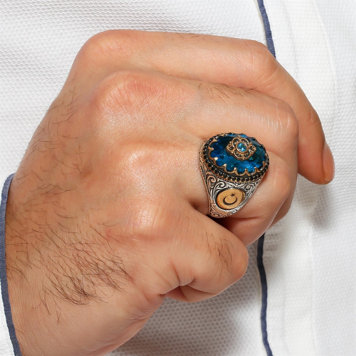 Embroidered Blue Zircon Stone Motif Ayyıldız Sterling Silver Men's Ring