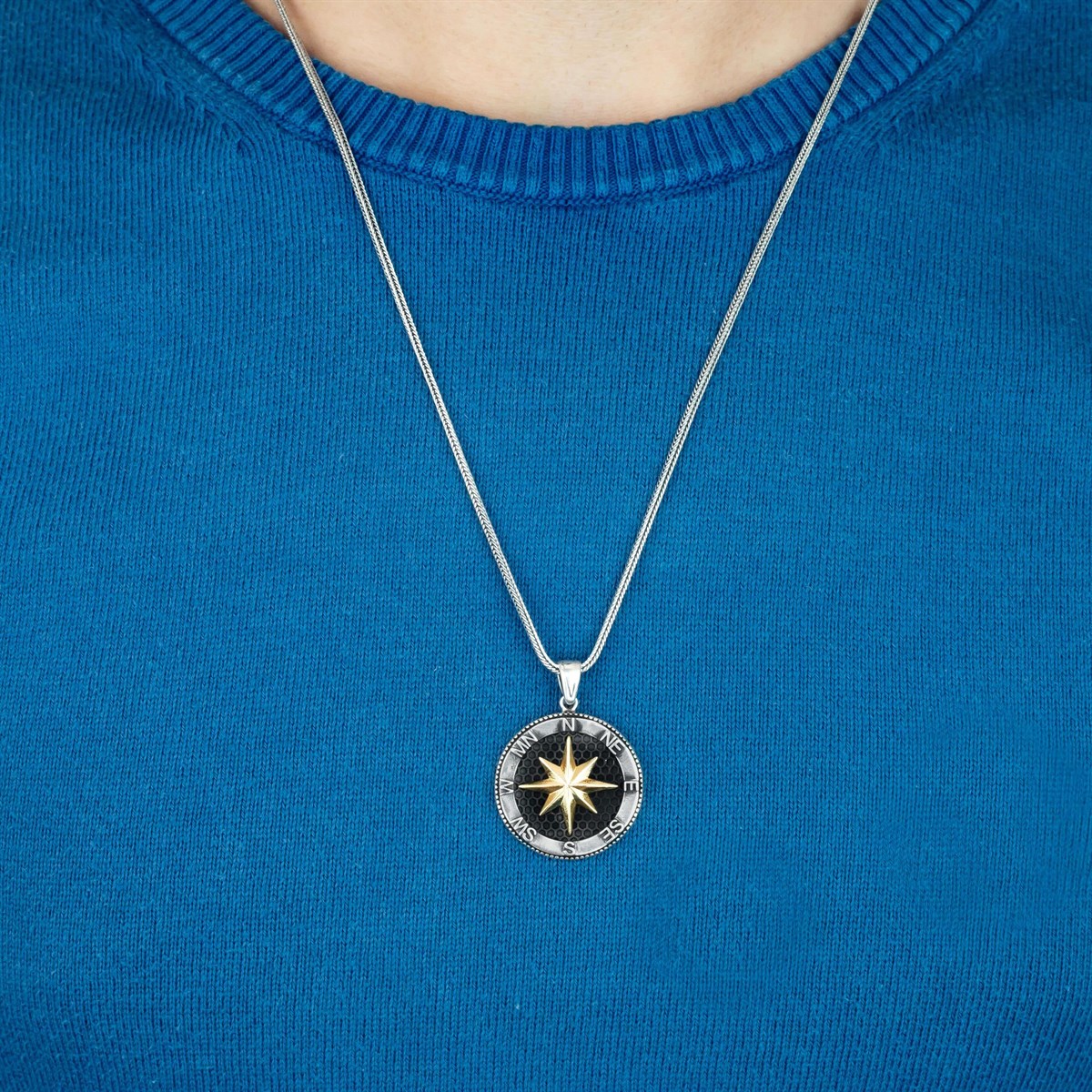 Special Design Vintage Dimmed Compass Sterling Silver Men's Necklace