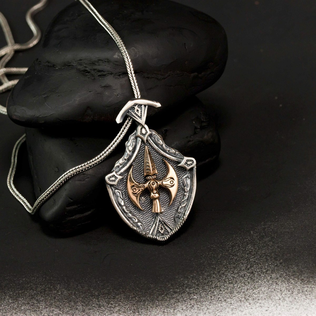 Özal Design Vintage Double Headed Ax Silver Men's Necklace