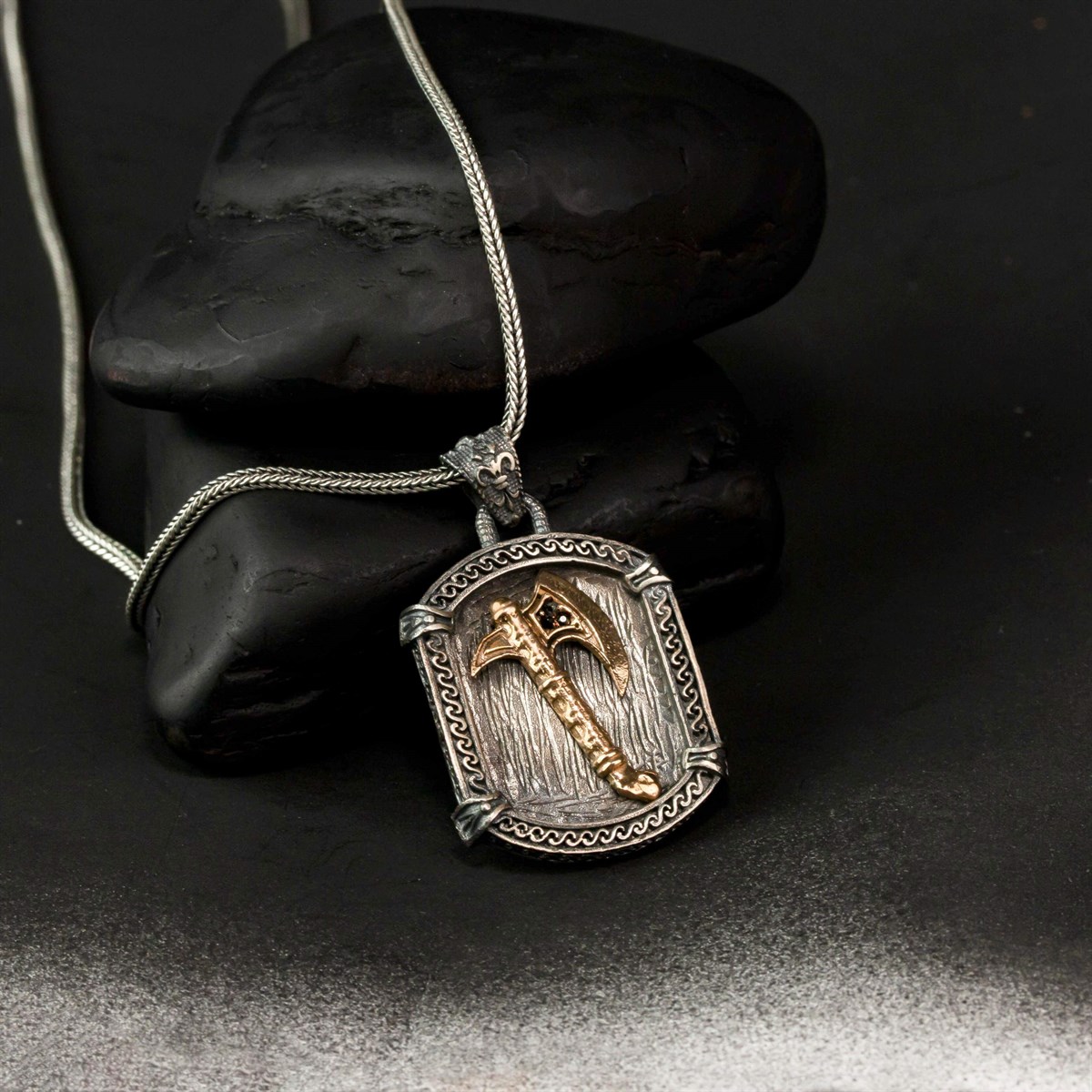 Special Design Vintage Blackened Ax Silver Men's Necklace