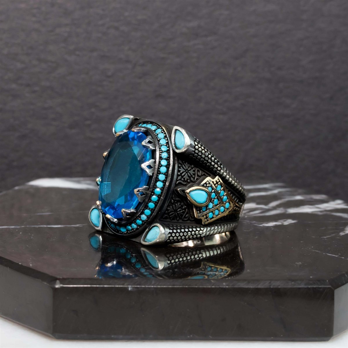 Aqua Quartz And Turquoise Stone Blackened Sterling Silver Men's Ring