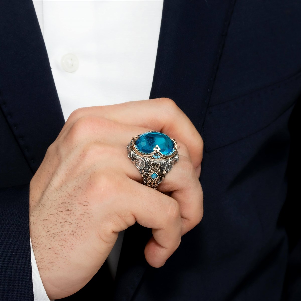 Aqua Quartz And Turquoise Stone Embroidered Silver Men's Ring