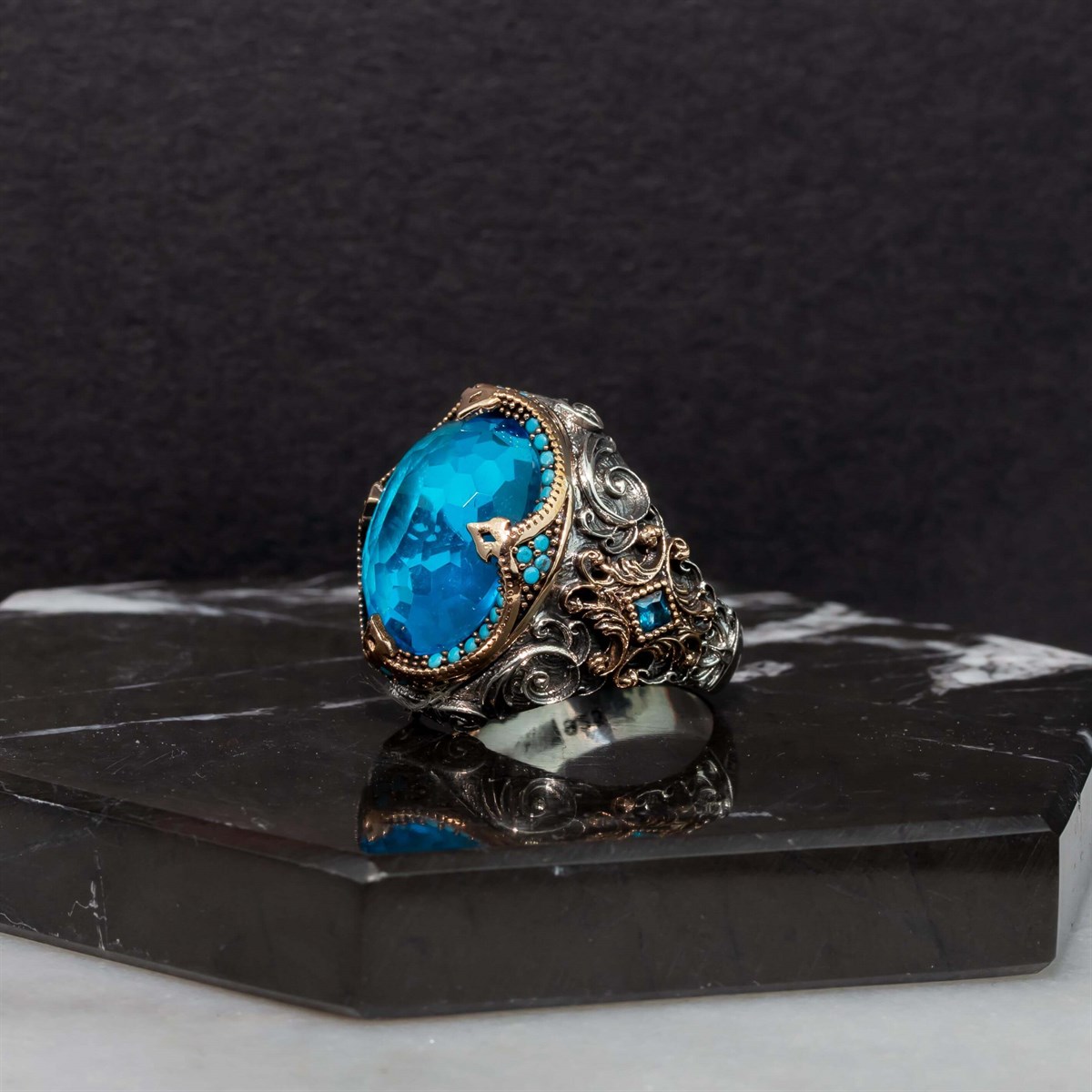 Aqua Quartz And Turquoise Stone Embroidered Silver Men's Ring