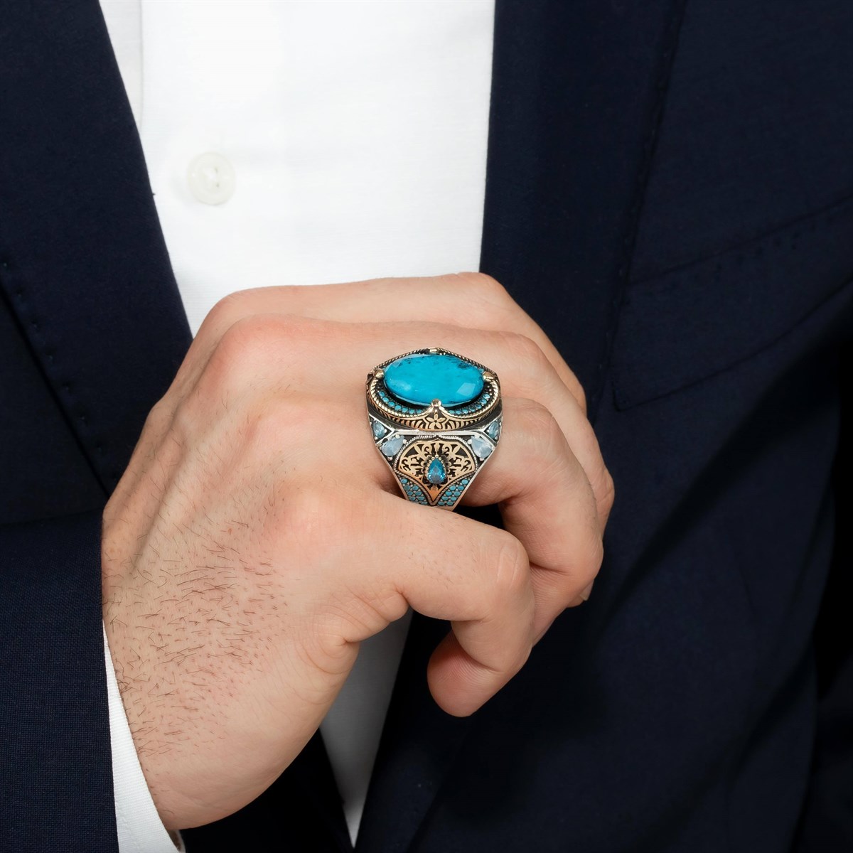 Has Aqua Stone Turquoise Decorated Silver Men's Ring