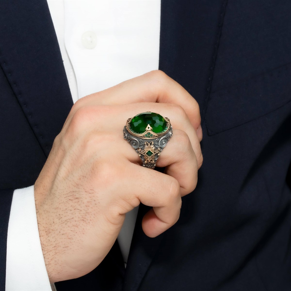 Green Zircon Stone Embroidered Sterling Silver Men's Ring