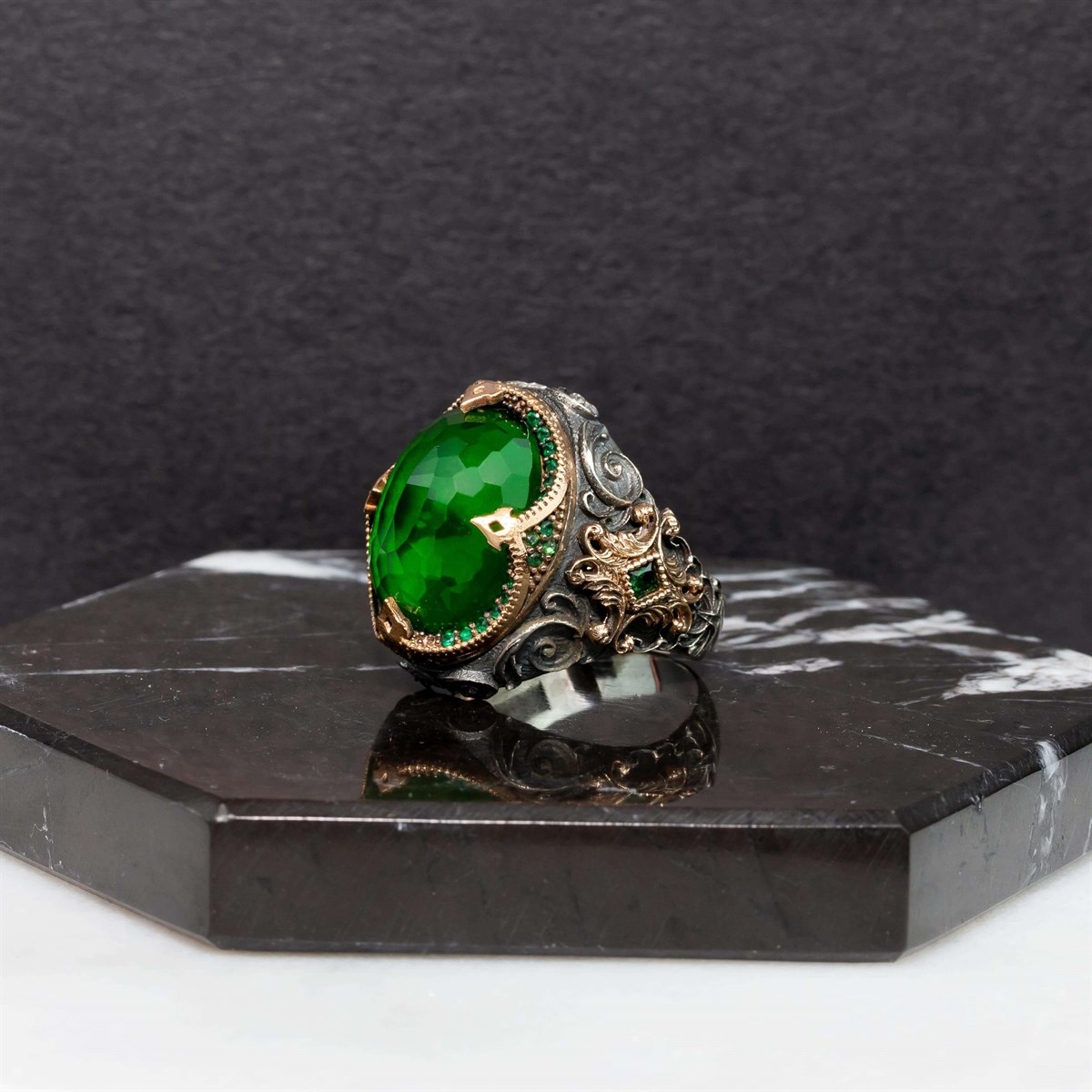Green Zircon Stone Embroidered Sterling Silver Men's Ring
