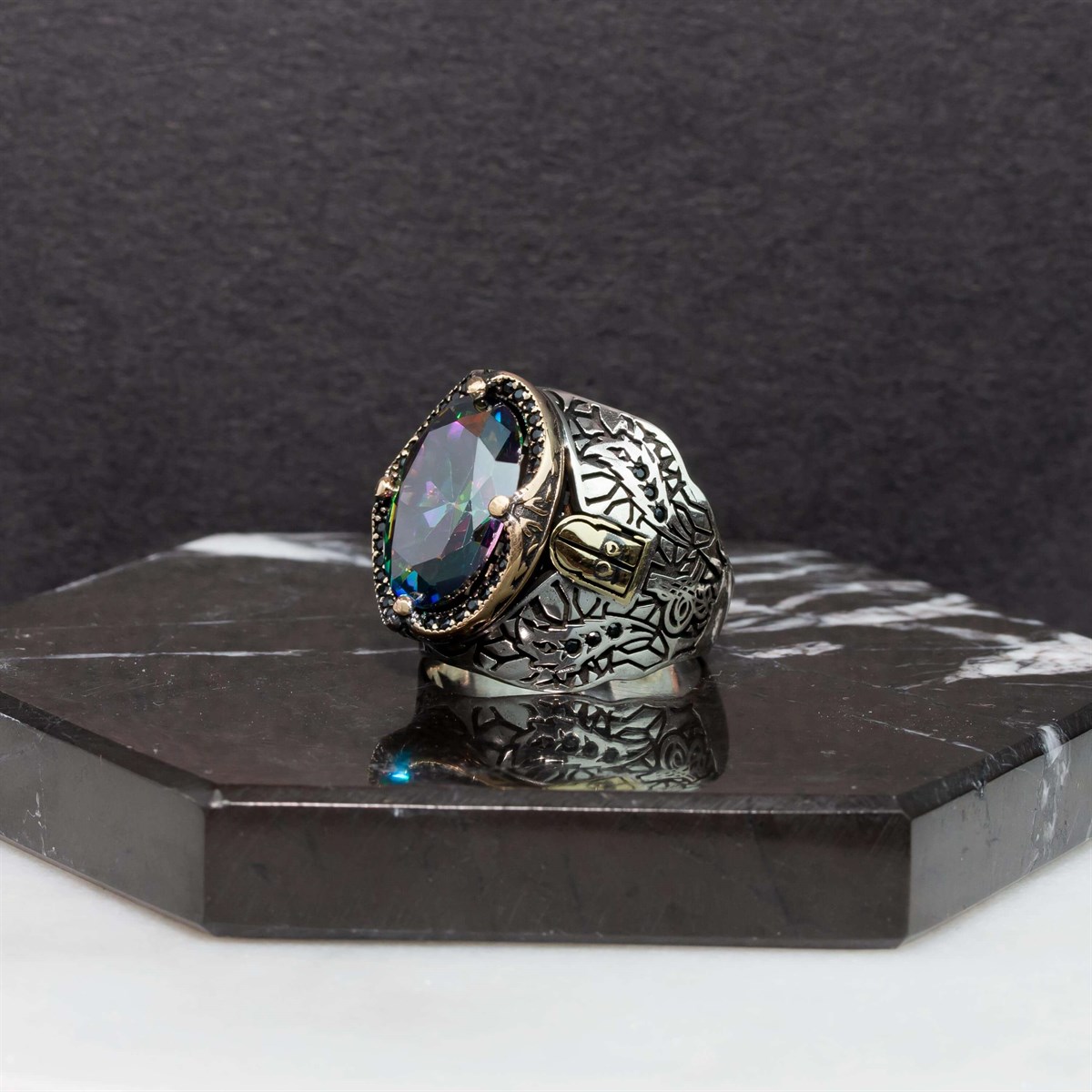 Mystic Topaz Stone Zircon Decorated Sterling Silver Men's Ring