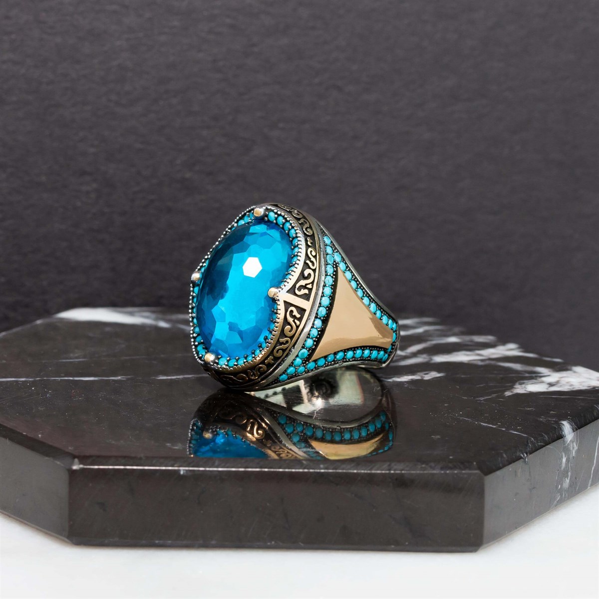 Aqua Quartz Stone Turquoise Decorated Sterling Silver Men's Ring