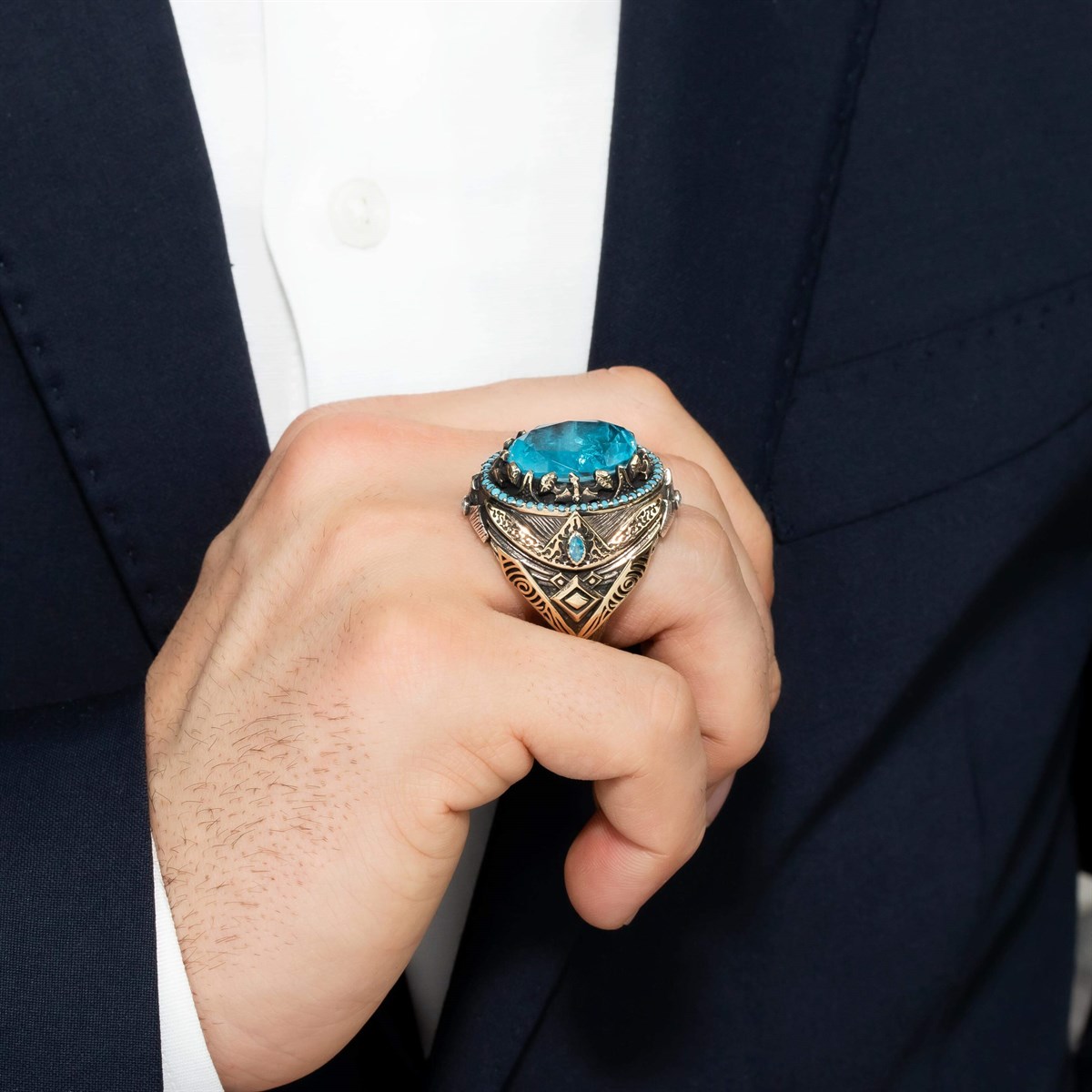 Aqua Quartz Stone Turquoise Decorated Blackened Sterling Silver Men's Ring