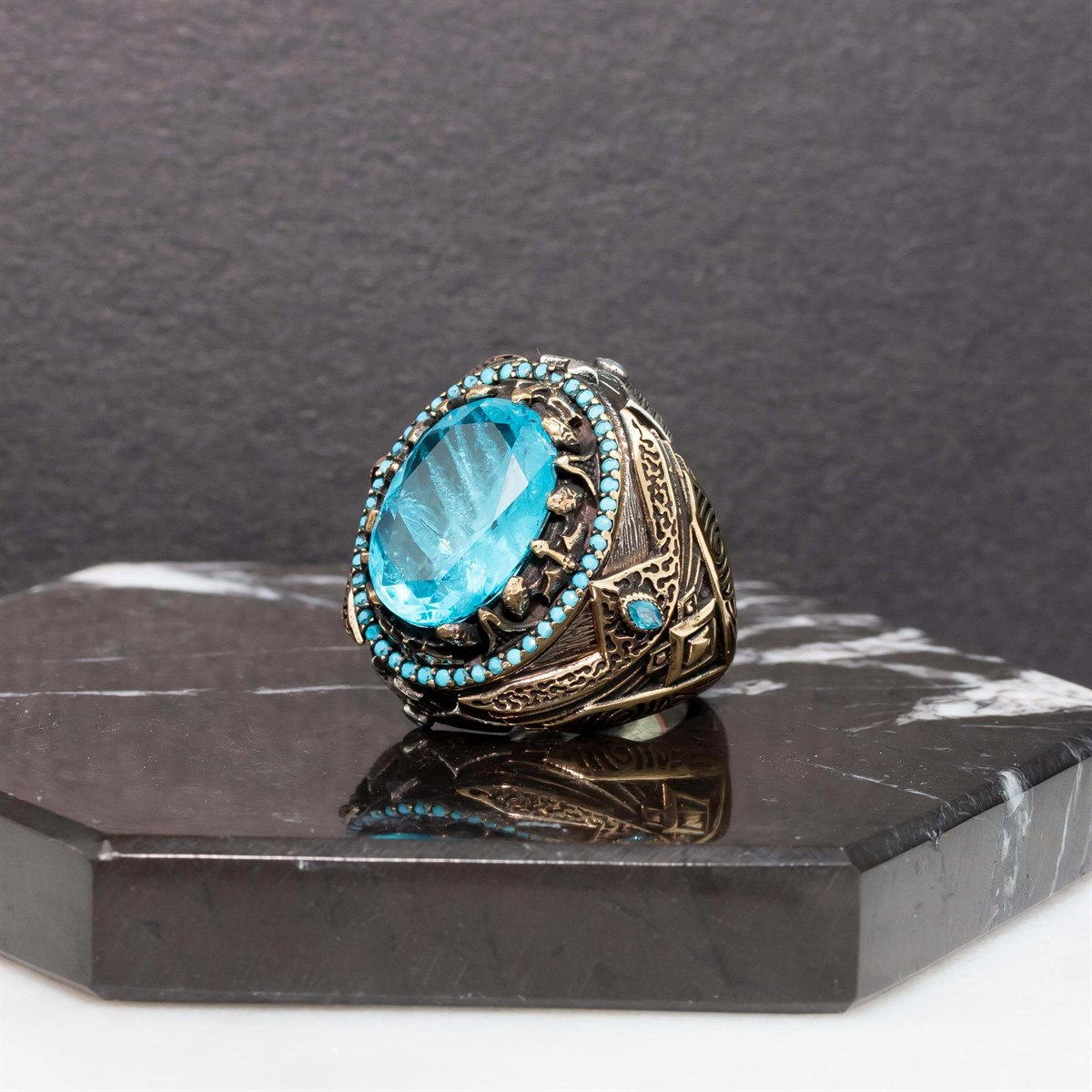 Aqua Quartz Stone Turquoise Decorated Blackened Sterling Silver Men's Ring