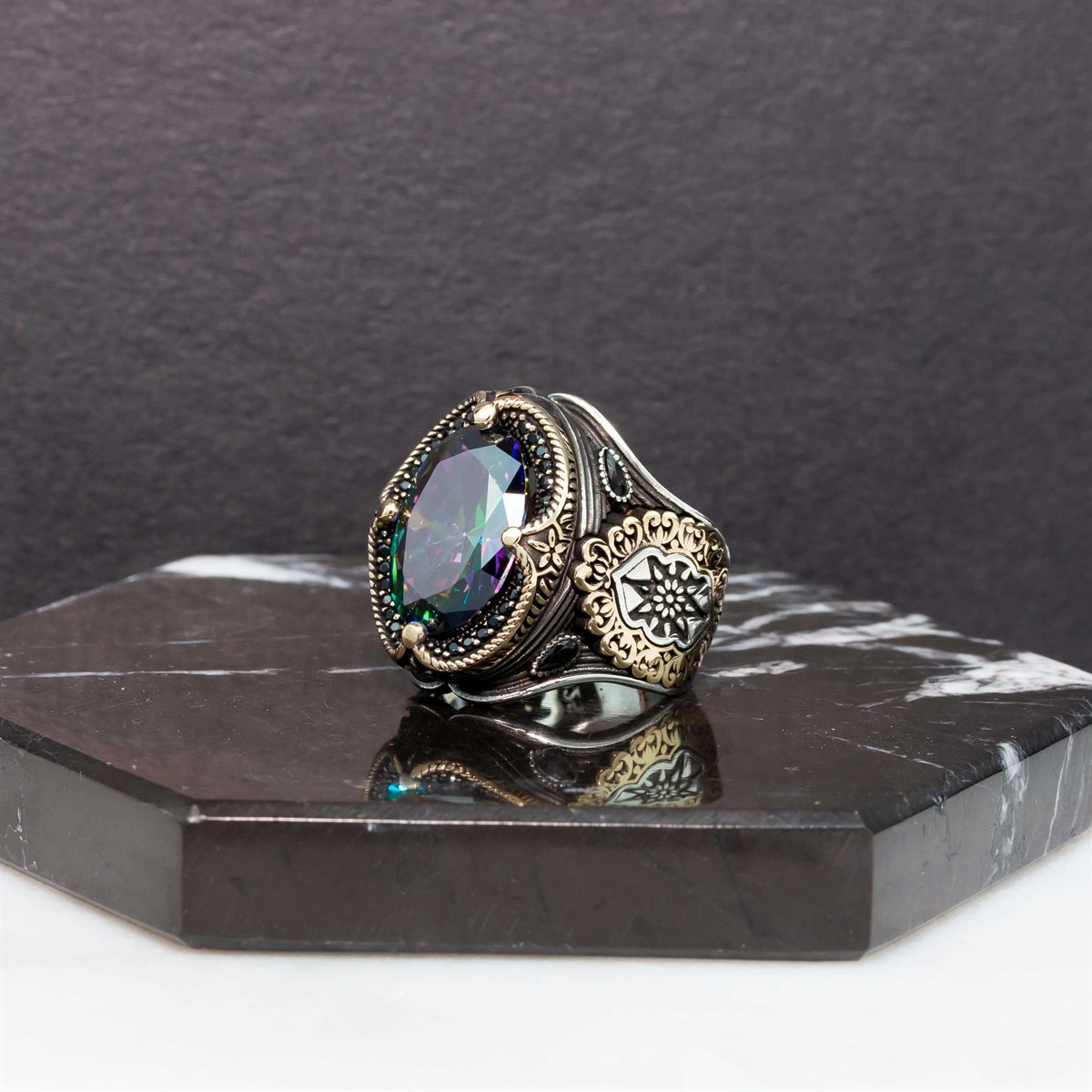 Mystic Topaz Stone Motif Sterling Silver Men's Ring