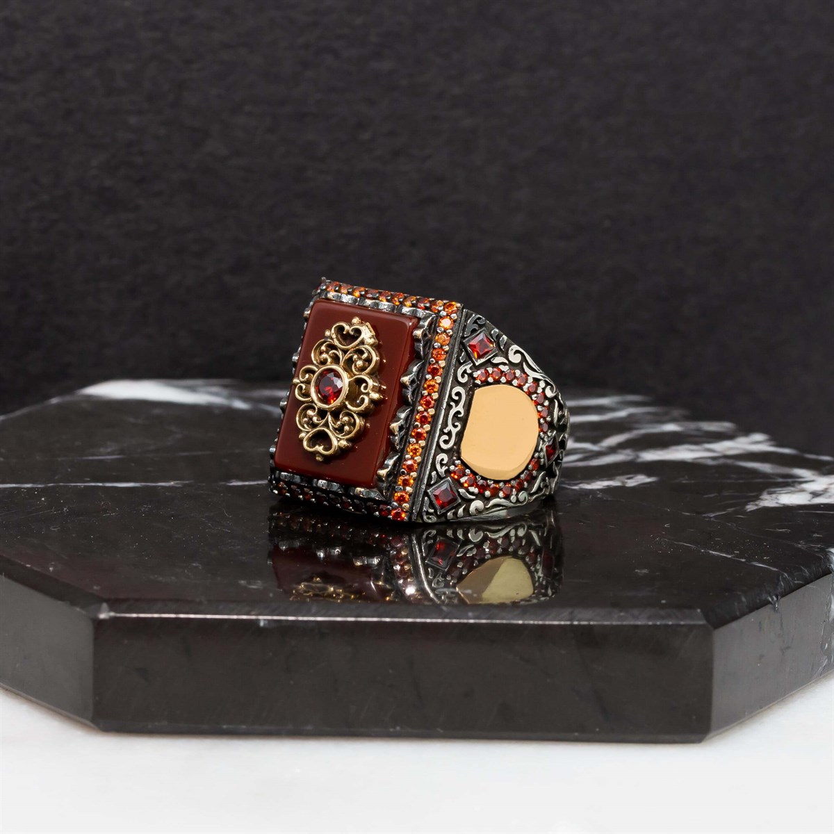 Red Agate Stone Rectangle Pattern Engraved Sterling Silver Men's Ring