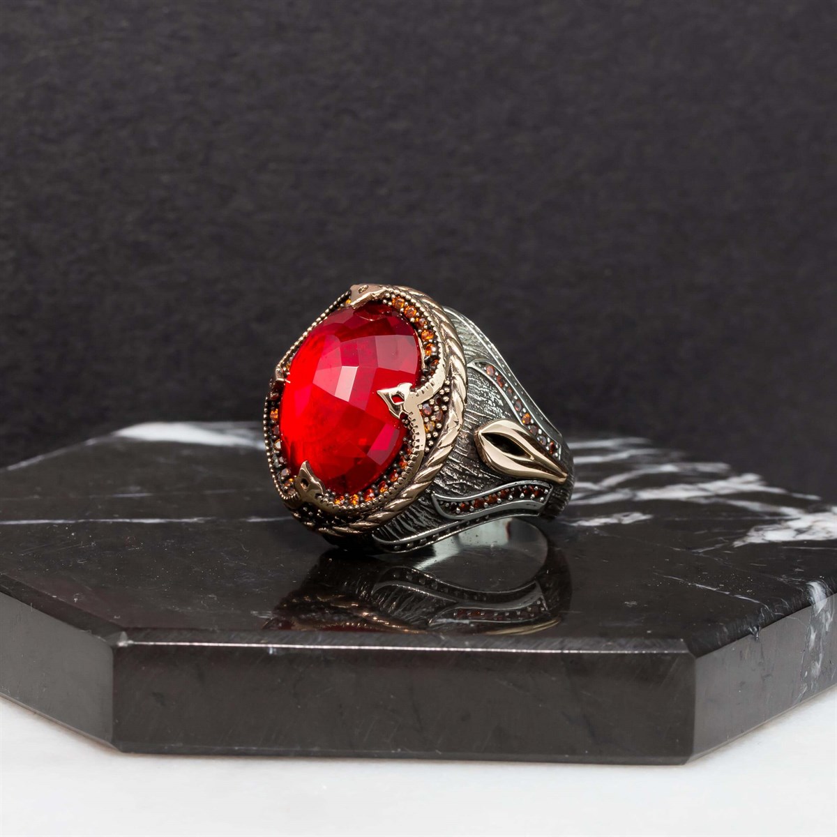 Red Zircon Stone Motif Sterling Silver Men's Ring