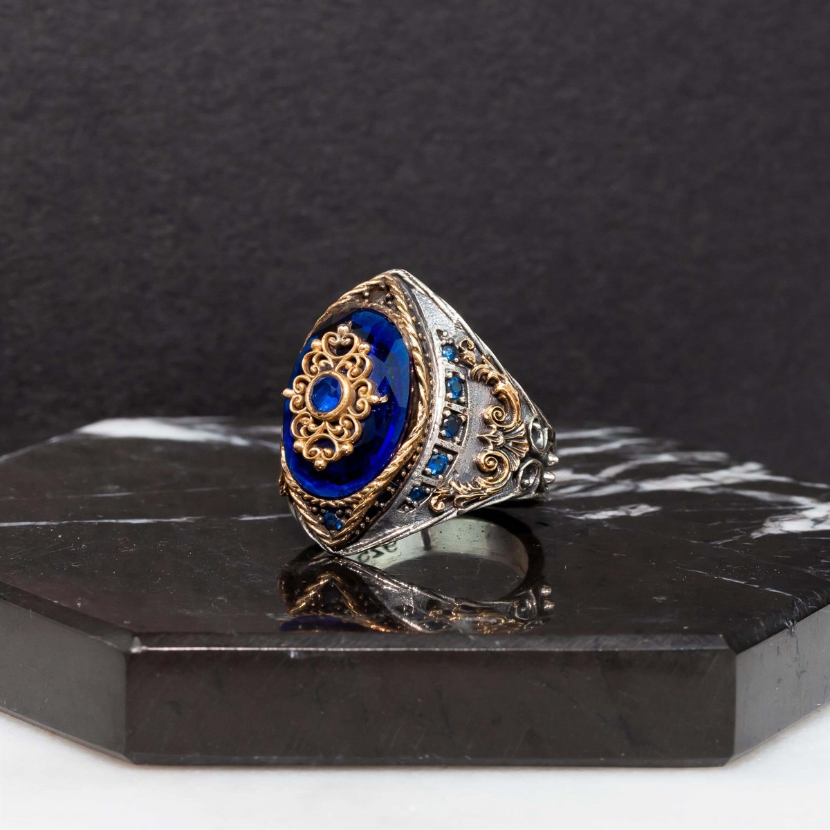 Navy Blue Sapphire Stone Embroidered Sterling Silver Men's Ring
