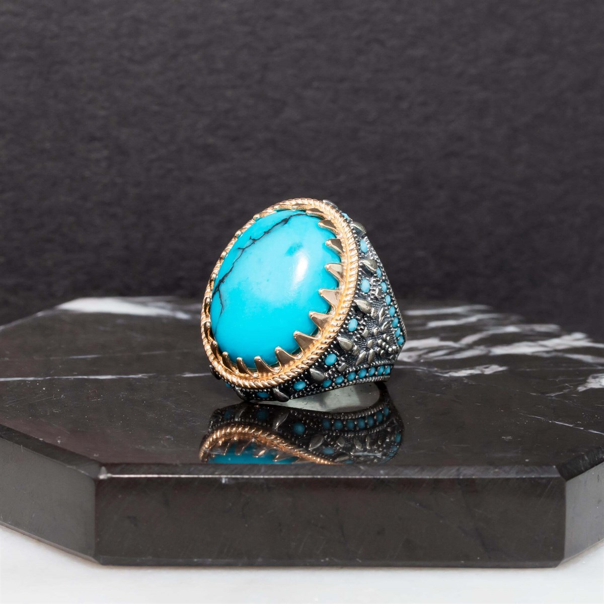 Oval Turquoise Stone Micro Decorated Sterling Silver Men's Ring