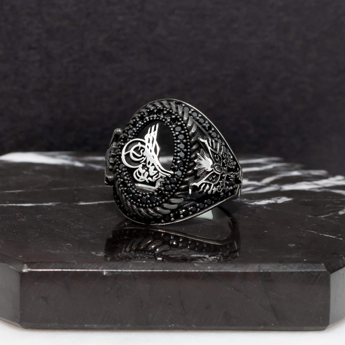Micro Zircon Stone Tugra Motif Blackened Sterling Silver Men's Ring