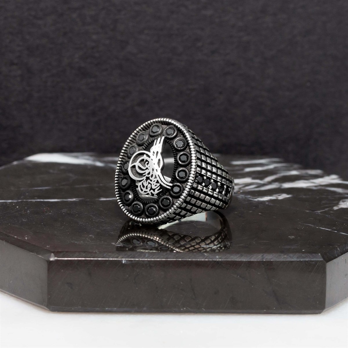 Black Zircon Stone Tugra Motif Sterling Silver Men's Ring