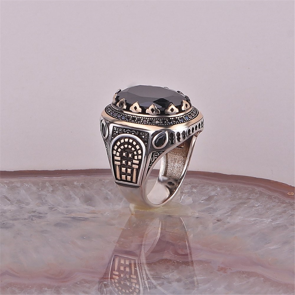 Black Glass Stone 925 Sterling Silver Ring