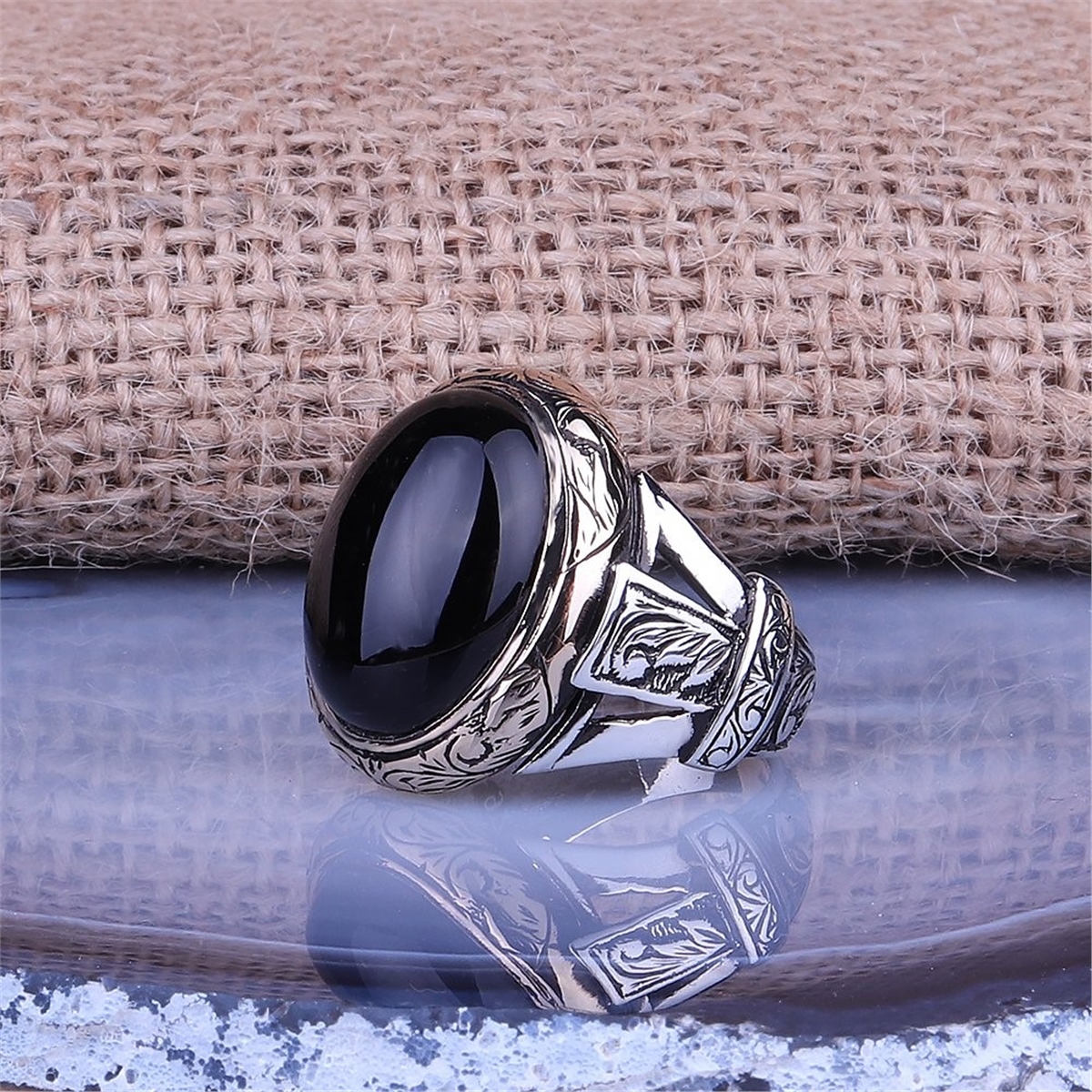 Black Agate Stone 925 Sterling Silver Ring