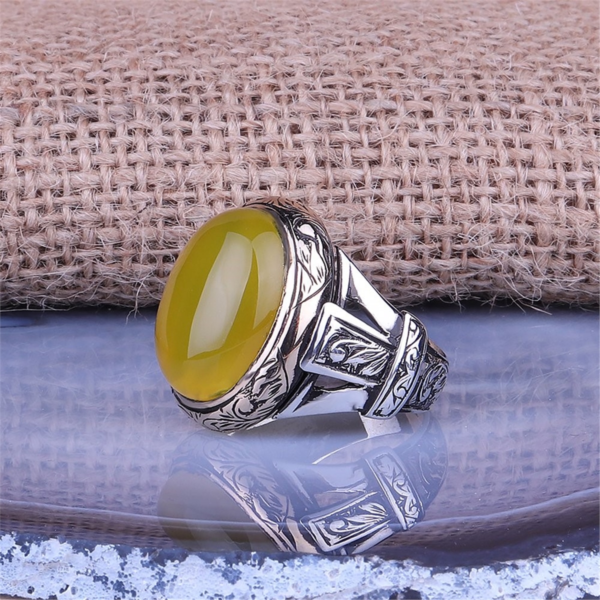 Yellow Agate Stone 925 Sterling Silver Ring