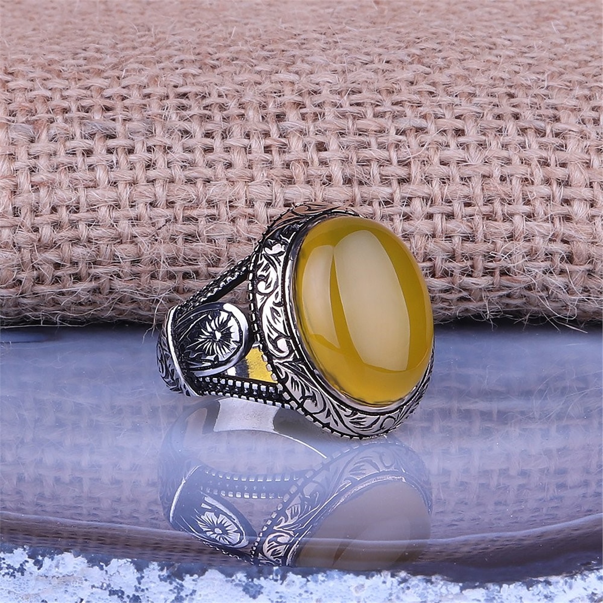 Yellow Agate Stone 925 Sterling Silver Ring