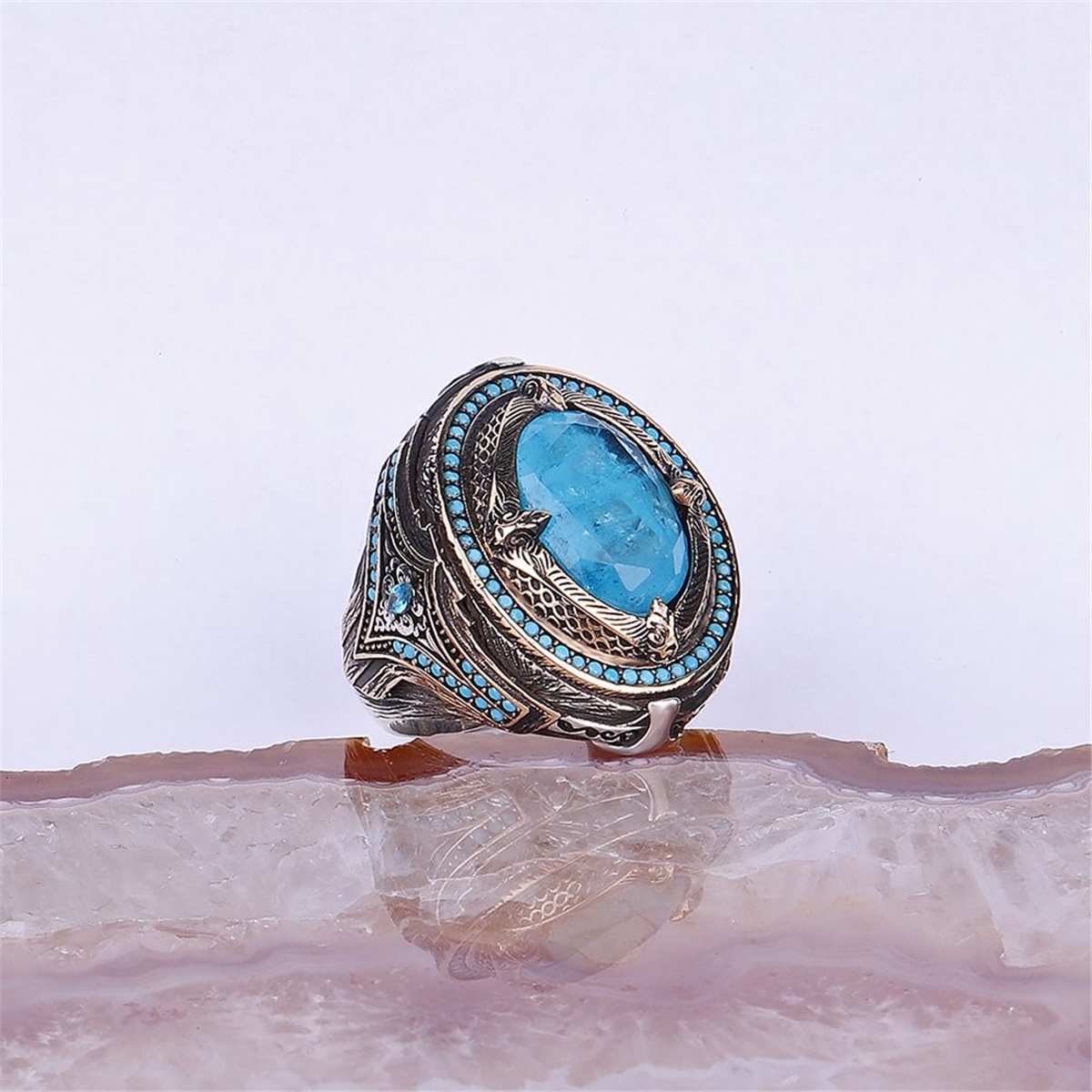 Aqua Stone 925 Sterling Silver Men's Ring