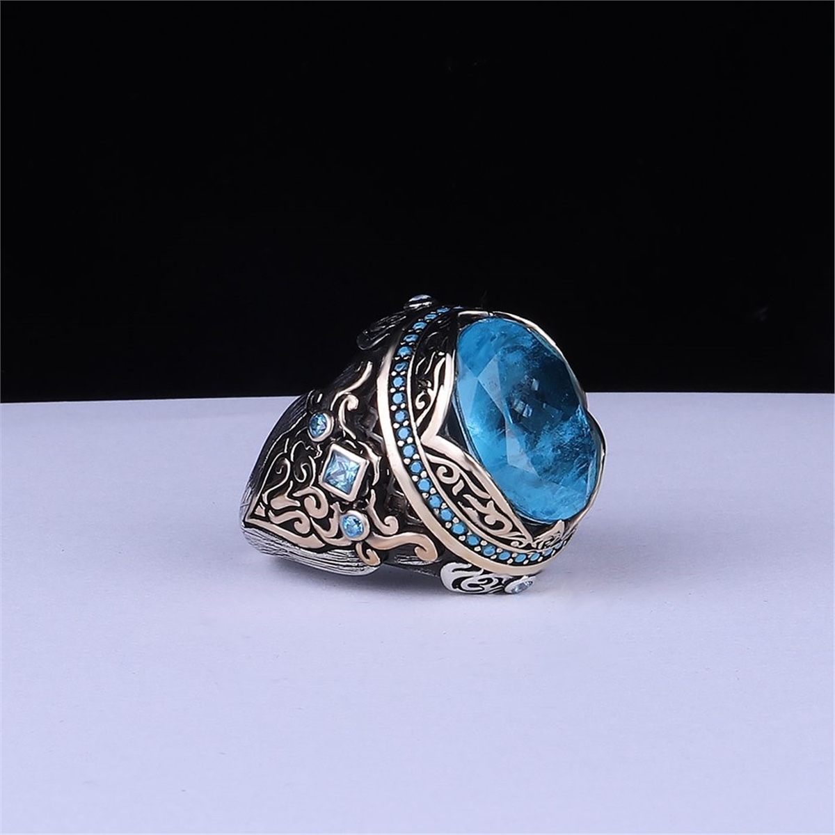 Semi Precious Aqua Stone 925 Sterling Silver Men's Ring