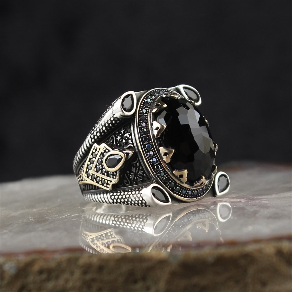 Black Zircon Stone 925 Sterling Silver Men's Ring