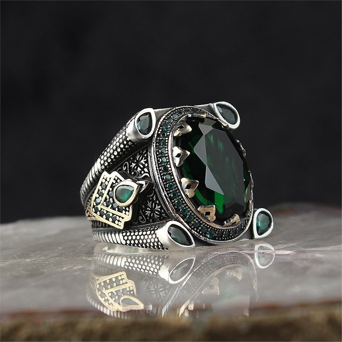 Green Topaz Stone 925 Sterling Silver Men's Ring