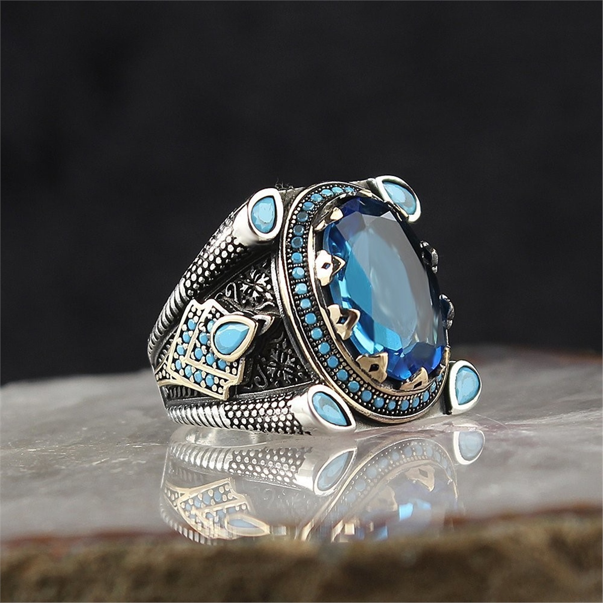 Blue Topaz Stone 925 Sterling Silver Men's Ring