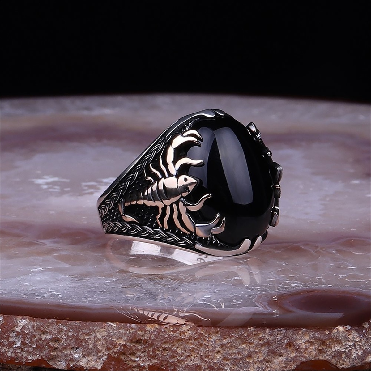 Scorpion Model Agate Stone 925 Sterling Silver Men's Ring