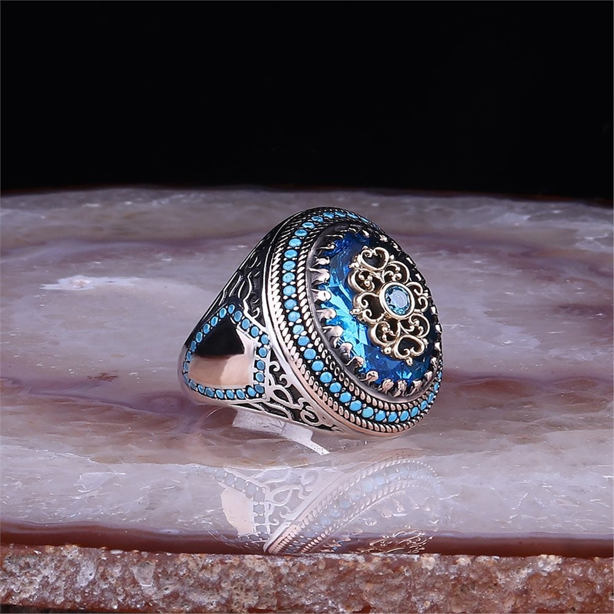 Blue Zircon Stone 925 Sterling Silver Men's Ring