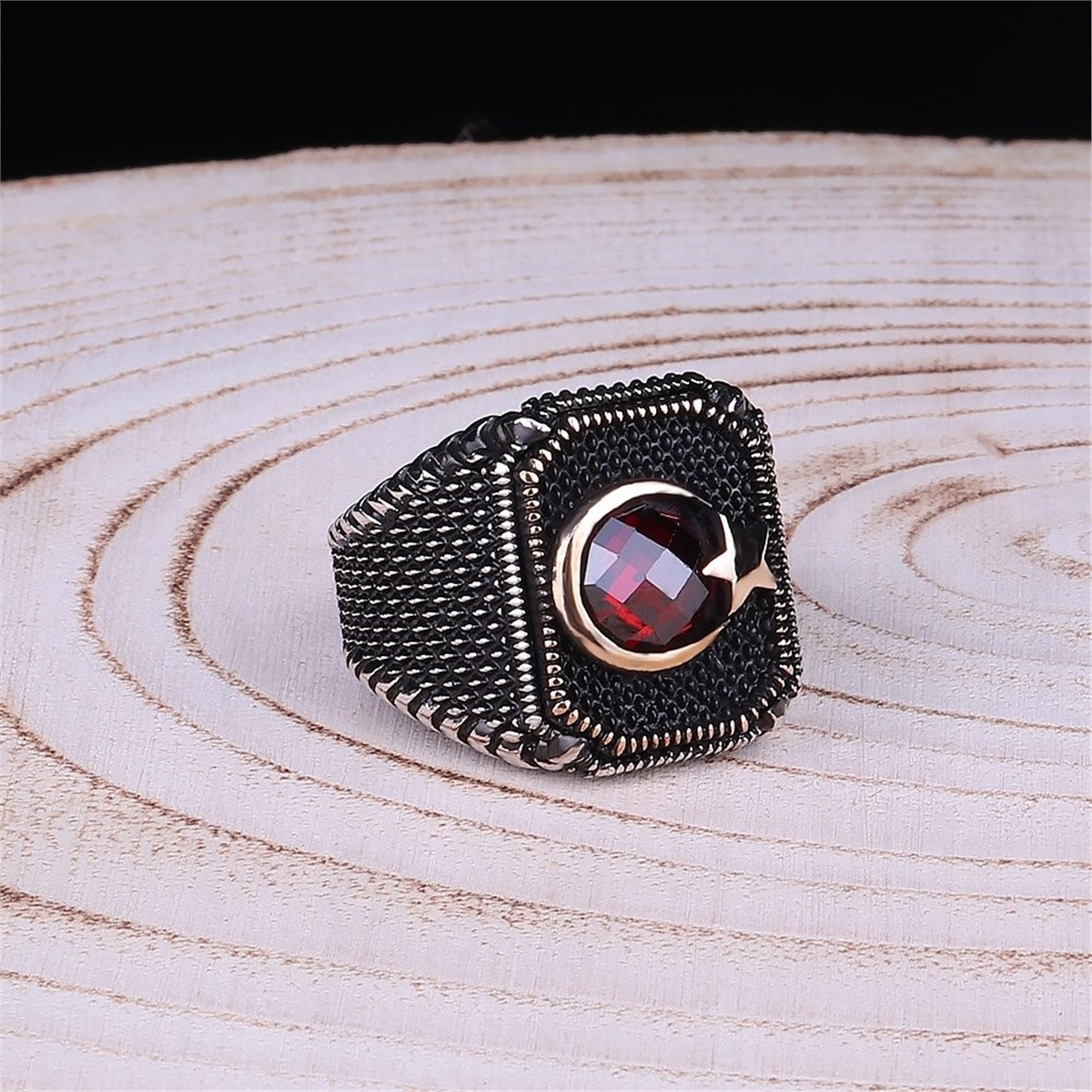 925 Sterling Silver Men's Ring with Ayyıldız and Zircon Stone