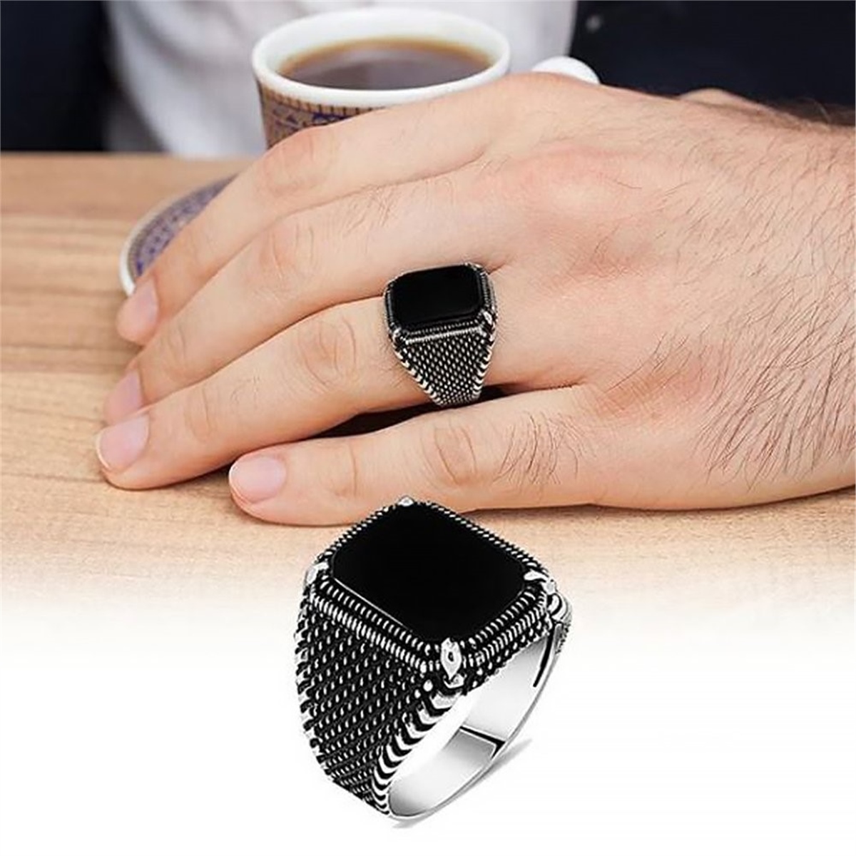 925 Sterling Silver Men's Ring With Onyx Stone