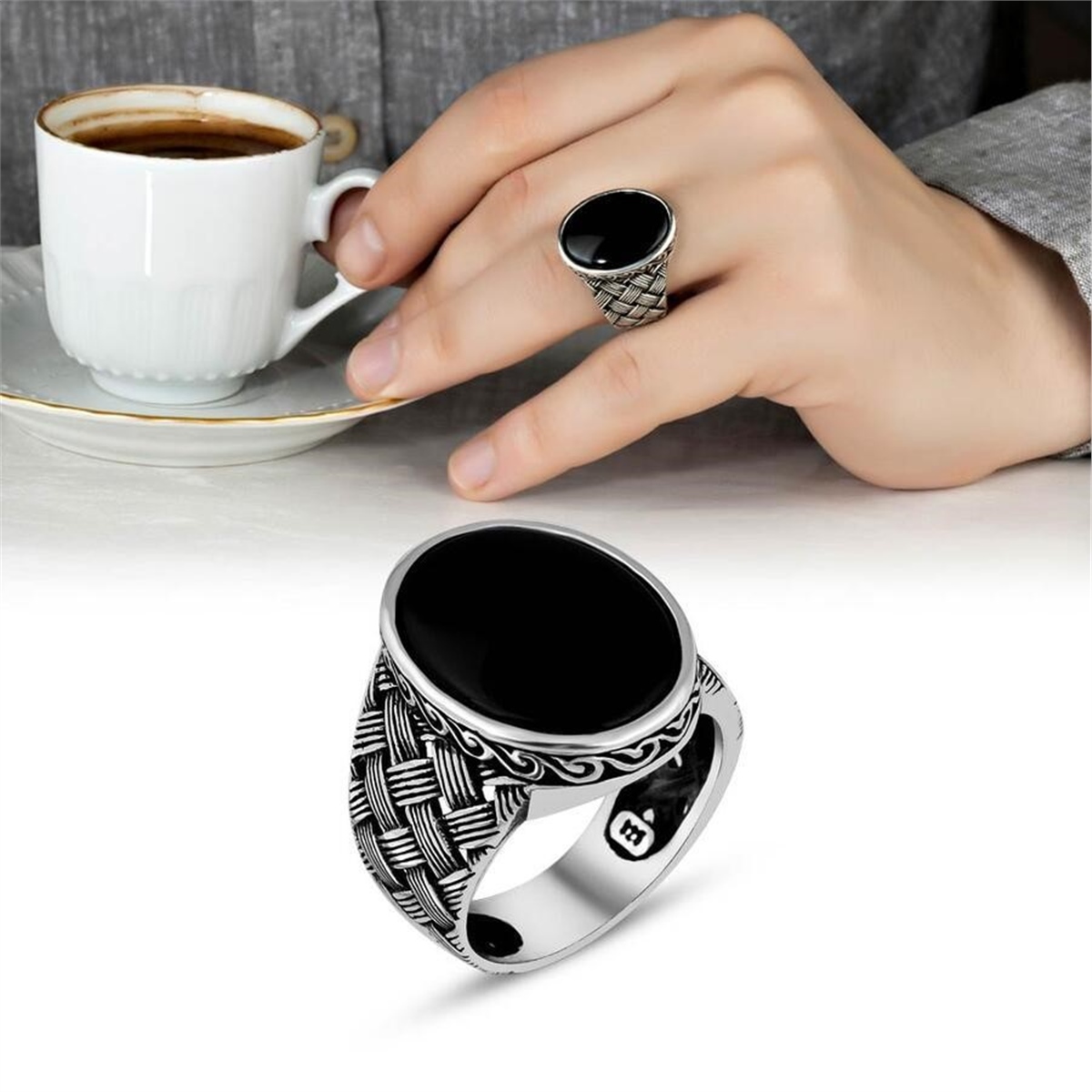 Oval Onyx Stone 925 Sterling Silver Men's Ring